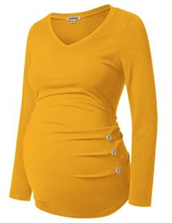 GINKANA Umstandsshirt Langarm Basic Top Rüschen Seiten Knöpfe T-Shirt für Schwangere - Gelb - Klein von Ginkana