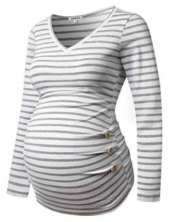 GINKANA Umstandsshirt Langarm Basic Top Rüschen Seiten Knöpfe T-Shirt für Schwangere - - X-Groß von Ginkana