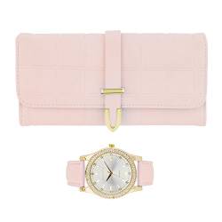 Gino Milano Elegante Damen-Armbanduhr mit Lederband und passender dreifach gefalteter Brieftasche, stilvolle goldene Uhr mit Lederkupplung, perfektes Geldbörsen-Set für Damen, Pink, womens-standard, von Gino Milano
