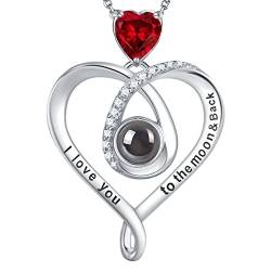 GinoMay Ich Liebe Dich Halskette 100 Sprachen Granatschmuck Damen Januar Geburtstagsgeschenke Frau zum Mond und zurück 925 Silber von GinoMay