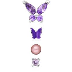 GioiaPura Ohrstecker, 4 Stück, mit weißen Zirkoniasteinen, violett, Schmetterlingsverschluss und Schmetterling, Referenz: INSKITOR006RHVI von GioiaPura