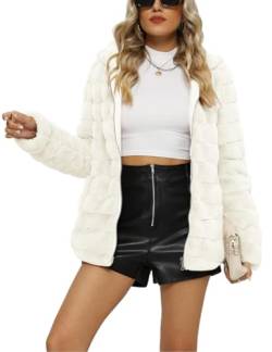 Giolshon Damen Fleecejacke Kunstfell Mantel Teddy Winterjacket mit Kapuze 1801 Beige XXL von Giolshon