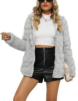 Giolshon Damen Fleecejacke Kunstfell Mantel Teddy Winterjacket mit Kapuze 1801 Grau XXL von Giolshon