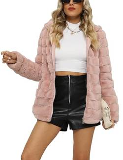 Giolshon Damen Fleecejacke Kunstfell Mantel Teddy Winterjacket mit Kapuze 1801 Rosa L von Giolshon