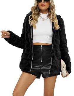 Giolshon Damen Fleecejacke Kunstfell Mantel Teddy Winterjacket mit Kapuze 1801 Schwarz M von Giolshon