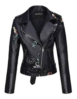 Giolshon Damen Lederjacke Kunstleder Bikerjacke Frühling Herbst Beiläufig Weiche Kurz Blume Mantel 1702020 Schwarz XL von Giolshon