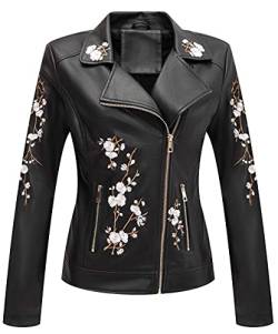 Giolshon Damen Lederjacke Kunstleder Bikerjacke Frühling Herbst Beiläufig Weiche Kurz Blume Mantel 1702021 Schwarz XL von Giolshon