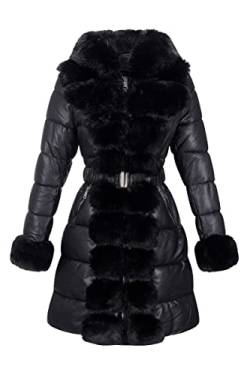 Giolshon Damen Puffer Mantel Kunstpelz Lange gesteppte Winter Kapuzenjacke mit Gürtel 12105 Schwarz XL von Giolshon