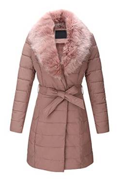 Giolshon Damen Übergangsjacke Leichte Steppjacke Lederjacke Winter Lang Puffer Mantel mit Abnehmbarer Pelzkragen 5527 Rosa M von Giolshon