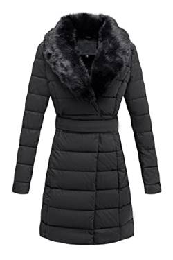 Giolshon Damen Übergangsjacke Leichte Steppjacke Lederjacke Winter Lang Puffer Mantel mit Abnehmbarer Pelzkragen 5527 Schwarz L von Giolshon