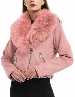 Giolshon Damen Wildleder Lederjacke kurz Motorradjacke mit Abnehmbarer Kunstpelzkragen 8830 Rosa XL von Giolshon