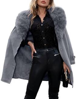 Giolshon Damen Wildlederimitat Lederjacke Lang Strickjacke Mantel mit Kunstpelzkragen FF20 Grau L von Giolshon