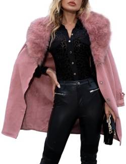 Giolshon Damen Wildlederimitat Lederjacke Lang Strickjacke Mantel mit Kunstpelzkragen FF20 Rosa L von Giolshon