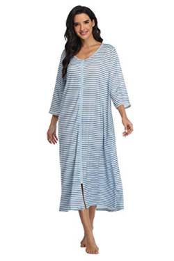 Giova Damen Nachtwäsche Reißverschluss Langes Nachthemd Lounge Wear Kleid Kleid Weiches Nachthemd Hausmantel Robe, Blau gestreift, Large von Giova