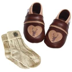 Set: Krabbelschuhe Braun Gr. 20/21 mit Hirsch Herz & Trachtensocken Beige von Gipfli