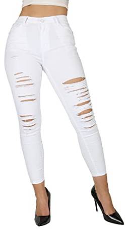 Giralin Damen Jeans Cut-Outs Regular Waist Damenhosen High Stretch Destroyed Look 5-Pocket-Style Fransen Skinny Fit Hosen 200791 Weiß Destroyed 34 von Giralin