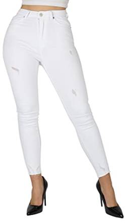 Giralin Damen Jeans Figurbetonte High Waist Cut-Outs Fransen Freizeithose Skinny Fit 5-Pocket-Style Destroyed Look Hose 200655 Weiß Total 40 von Giralin