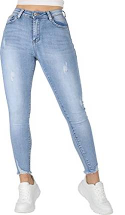 Giralin Damen Jeans Skinny Fit 5-Pocket-Style Freizeithose High Stretch Destroyed Look Fransen Hose 200470 Hellblau 48 von Giralin