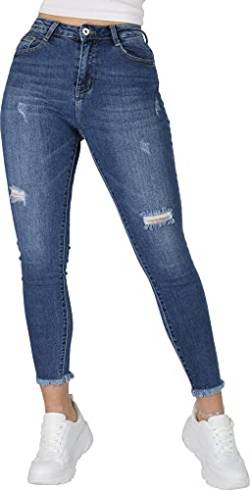 Giralin Damen Jeans Skinny Fit Fransen Cut-Outs Freizeithose 5-Pocket-Style Destroyed Look Hose 200454 Blau Jeans 34 von Giralin