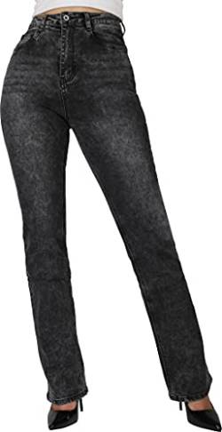 Giralin Damen Jeans Straight Leg Damenhosen High Waist Denim Freizeithosen Used Look 5-Pocket-Style Hose 200851 Grau Grey 36 von Giralin