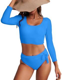 Damen Badeanzüge Crop Top Hohe Taille Bikini Set Rash Guard Badeanzug Langarm Bademode - Blau - Large von GirlsUpto