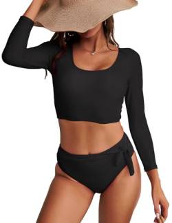 Damen Badeanzüge Crop Top Hohe Taille Bikini Set Rashguard Badeanzug Langarm Bademode, Bikini schwarz, Large von GirlsUpto