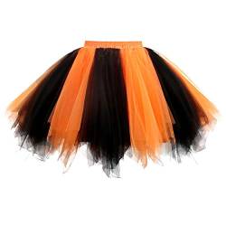 Girstunm Karneval Kostüm Damen Tutu Tüllrock 50er Vintage Tüllrock Petticoat Mehrfarbig Bubble Tanzkleid Rock Unterrock Tütü Kurz Ballett Schwarz Orange XX-Large von Girstunm