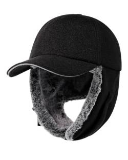 Gisdanchz Mütze mit Ohrenklappen Herren Damen, Winter Cap Basecap Wintermütze Herren mit Ohrenklappen, Schirmmütze Herren Winter Ohrenschützer Fliegermütze Trappermütze, Schwarz 58CM von Gisdanchz