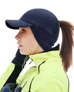 Gisdanchz Winter Basecap Damen Pferdeschwanz Mütze mit Ohrenklappen Laufen Cappy Frauen Kappe Schirmmütze Schildkappe WintermüTZE Damen Warm Women Baseball Cap Ponytail Hat, Dunkelblau S/M von Gisdanchz