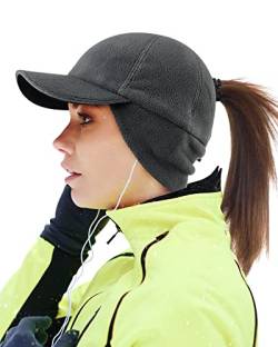 Gisdanchz Winter Basecap Damen Pferdeschwanz Mütze mit Ohrenklappen Laufen Cappy Frauen Kappe Schirmmütze Schildkappe WintermüTZE Damen Warm Women Baseball Cap Ponytail Hat, Dunkelgrau S/M von Gisdanchz