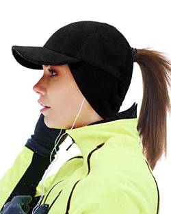 Gisdanchz Winter Basecap Damen Pferdeschwanz Mütze mit Ohrenklappen Laufen Cappy Frauen Kappe Schirmmütze Schildkappe WintermüTZE Damen Warm Women Baseball Cap Ponytail Hat, Schwarz XS/S von Gisdanchz