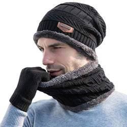 Gisdanchz Wintermütze Mütze Loop Schal Herren Damen Winter Mütze Schal Set Men Strickmütze Wintermützen Beanie Mädchen Handschuhe Schlauchschal Schlupfmütze Mützen Schwarz von Gisdanchz