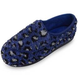 Git-up Damen Hausschuhe Memory Foam Komfortable Geschlossene Zehe Winter Anti-Rutsch-Baumwolle Warme Pantoffel Haus für Innen und Außen, LeopardBlue 9 von Git-up