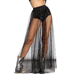 Festival Outfit Damen, Glitzer Rock Damen Transparent Mesh Rock Pailletten Elastische Tüllrock High Waist Maxirock Party Musikfestival Rave Outfit von Giyim