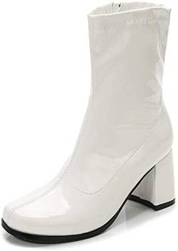 Gizelle Damen Go Go Stiefel Mid Wade Blockabsatz Reißverschluss Stiefel Stiefeletten Niedriger Blockabsatz Kurze Stiefel Schuhe, weiße Lacklederoptik, 38 EU von Gizelle