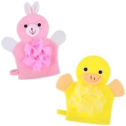 Gjinxi 2 Stück Waschhandschuh mit Tiermotiv, Unisex Kinder Waschhandschuh, Tiermotiv Waschlappen Badewannenspielzeug Babywaschlappen Weicher Handtuchfrottee Peeling Handschuhe(Gelb,Rosa) von Gjinxi