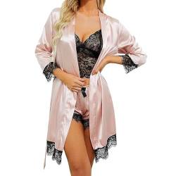 Nachtwäsche für Damen 4 Teiliges Satin Pyjama Set Kurze Robe mit Gürtel Sexy Spitzen Unterwäsche Kurze Hose Nachthemd Seide V-Ausschnitt Nachtwäsche von Gkaopi