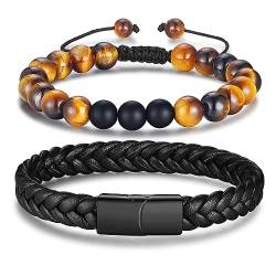 Gkmamrg Armband Herren Perlenarmband Lederarmband für Männer - 8mm Tigerauge Leder Armbänder für Herren, 2PCS Armbänder set von Gkmamrg