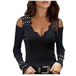 Damen Langarmshirts V-Ausschnitt Passt Komfortable Elegant Diamant Glitzer Druck Spitzen-Mesh-Nähte Sexy Modische Lässig T-Shirt Tops Frühling Langarm S-XL von Gkojhj