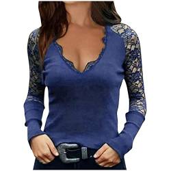 Damen Langarmshirts V-Ausschnitt Passt Komfortable Elegant Diamant Glitzer Druck Spitzen-Mesh-Nähte Sexy Modische Lässig T-Shirt Tops Frühling Langarm S-XL von Gkojhj