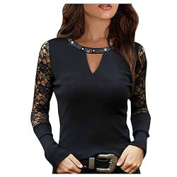 Damen Langarmshirts V-Ausschnitt Passt Komfortable Elegant Diamant Glitzer Druck Spitzen-Mesh-Nähte Sexy Modische Lässig T-Shirt Tops Frühling Langarm S-XL von Gkojhj