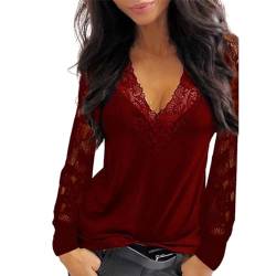 Damen Langarmshirts V-Ausschnitt Passt Komfortable Elegant Diamant Glitzer Druck Spitzen-Mesh-Nähte Sexy Modische Lässig T-Shirt Tops Frühling Langarm S-XL von Gkojhj