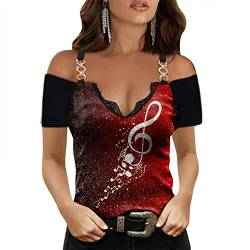 Damen Langarmshirts V-Ausschnitt Passt Komfortable Elegant Diamant Glitzer Druck Spitzen-Mesh-Nähte Sexy Modische Lässig T-Shirt Tops Frühling Langarm S-XL von Gkojhj