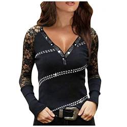 Damen Langarmshirts V-Ausschnitt Passt Komfortable Elegant Diamant Glitzer Druck Spitzen-Mesh-Nähte Sexy Modische Lässig T-Shirt Tops Frühling Langarm S-XL von Gkojhj