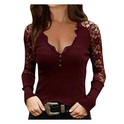 Damen Langarmshirts V-Ausschnitt Passt Komfortable Elegant Diamant Glitzer Druck Spitzen-Mesh-Nähte Sexy Modische Lässig T-Shirt Tops Frühling Langarm S-XL von Gkojhj