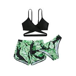 Gkojhj Bikini Mädchen 3-Teiliger Kinder Bikini Set Badebekleidung Set Tie Dye Schwimmanzug Hawaiian Rüschen Anzug Baden Schwimmen Sport Bademode Schwimmanzug Sport Set mit Shorts für 7-14 Jahre von Gkojhj