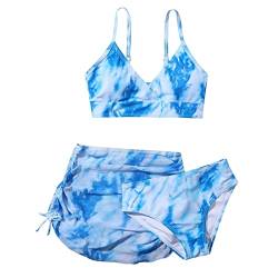 Gkojhj Bikini Mädchen 3-Teiliger Kinder Bikini Set Badebekleidung Set Tie Dye Schwimmanzug Hawaiian Rüschen Anzug Baden Schwimmen Sport Bademode Schwimmanzug Sport Set mit Shorts für 7-14 Jahre von Gkojhj