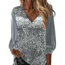 Gkojhj Festliche Oberteile Damen Elegant Langarm, Rundhals Bluse Tunika Sexy Elegant Silber T-Shirt Wedding Festlich Glitzershirt Abend Party Pailletten Outfit Tops Große Größen Frühling von Gkojhj