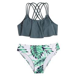 Gkojhj Mädchen Bikini Set Kinder Bikini Set Verstellbare Gedruckt Tankini Rüschen Swimsuit Cutout Badebekleidung Tank Top+Shorts Schwimmanzug Tankini Set von Gkojhj