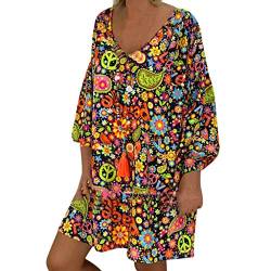 Sommerkleid Damen Knielang, V-Ausschnitt Schnürung Fransen Elegant Boho Damenkleid Blumenkleid Loose T-Shirt Kleid Sommer Kleider Freizeitkleid Chiffonkleid von Gkojhj